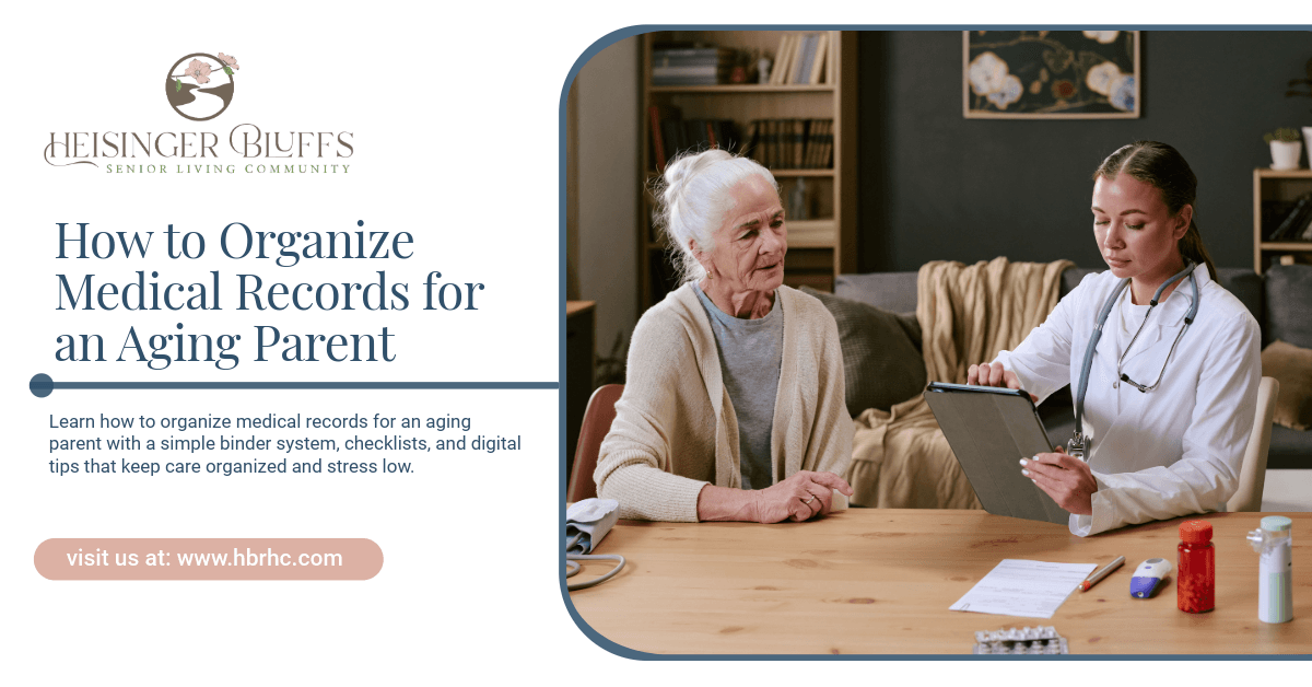 An adult sitting at a table, organizing her aging parent's medical records
